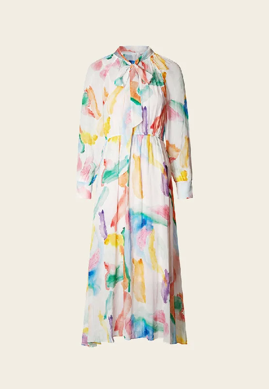 Watercolor Stroke Pussy Bow Collar Dress