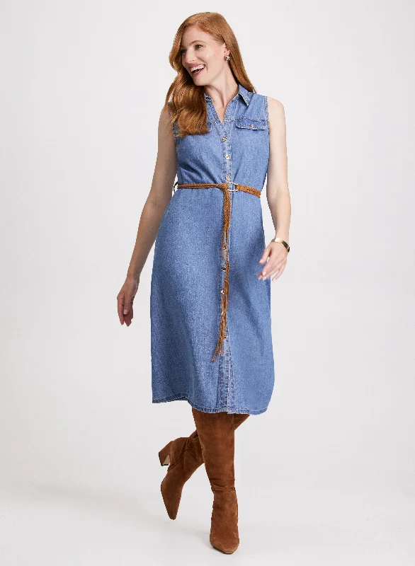 Button-Up Belted Denim Dress