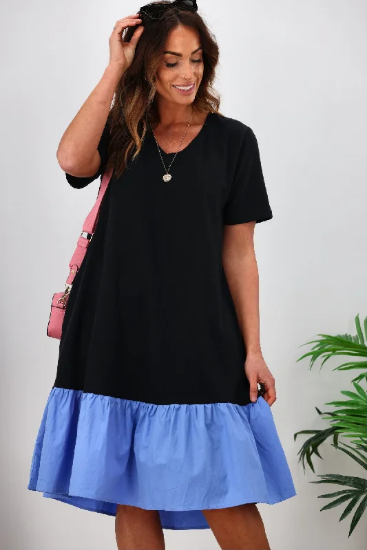 Elm Elle V Neck Dress Black with Cerulean Blue