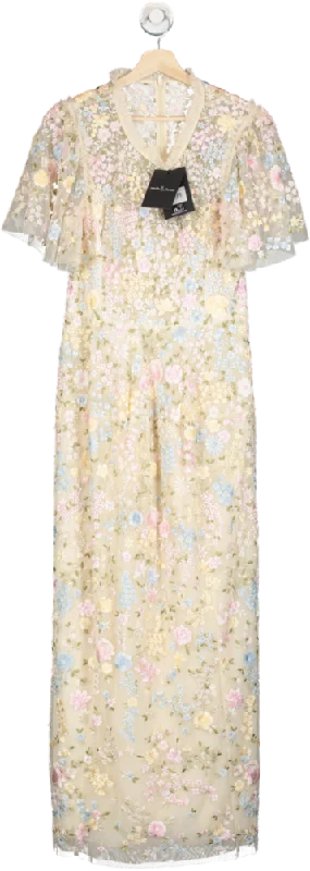 Needle & Thread Cream Secret Garden Embroidered Short Sleeve Floral Ankle Gown UK 16