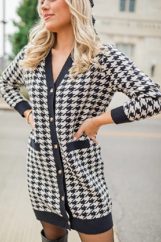 Where You Belong Houndstooth Button Front Cardigan Dress