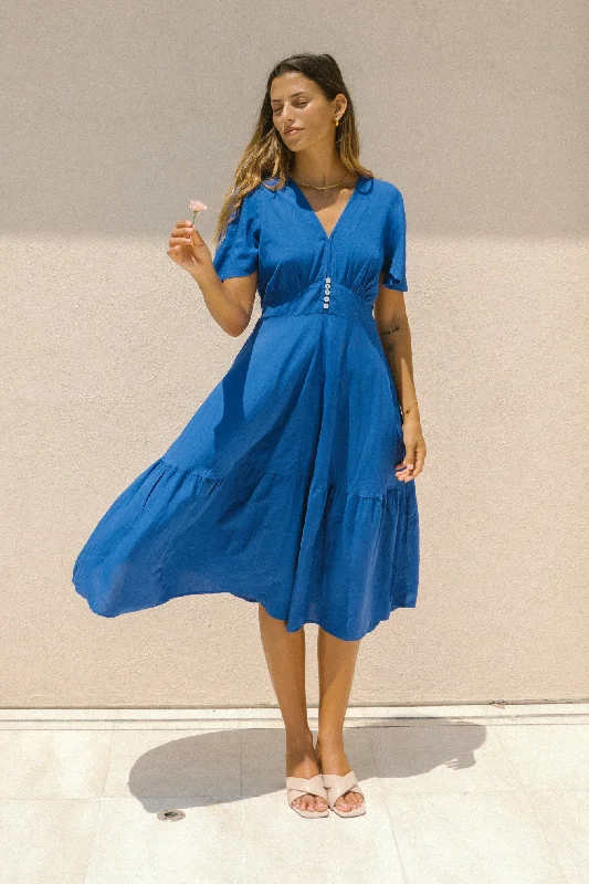 Elivia Blue Flared Sleeve Midi Dress