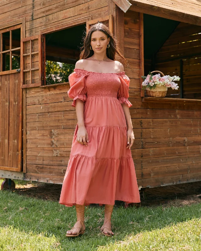 Gabrielle Terracotta Pink Puff Sleeve Tiered Midi Dress