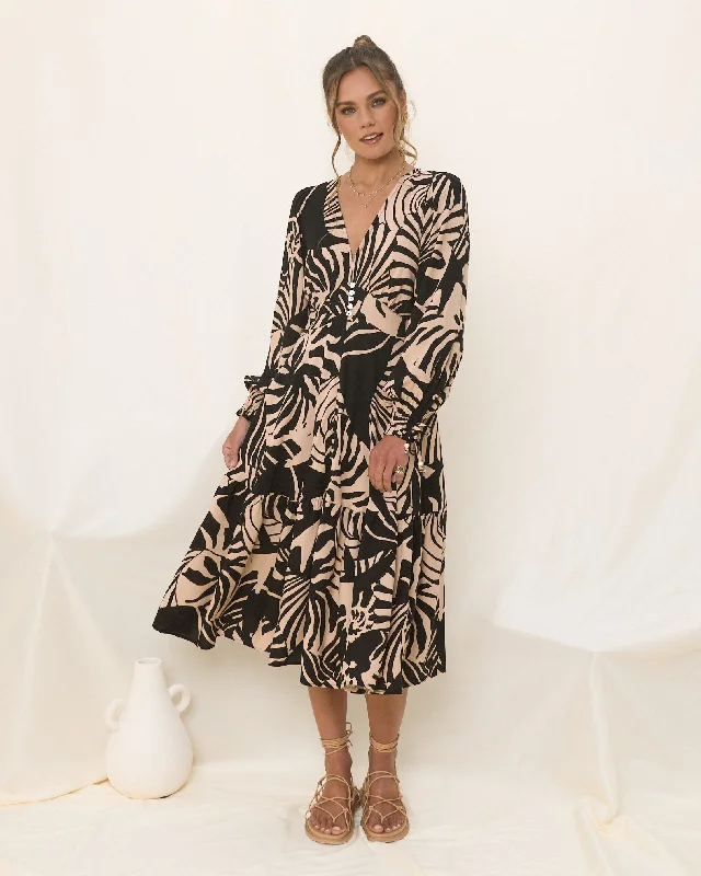 Maris Black Sand Abstract Shell Long Sleeve Midi Dress