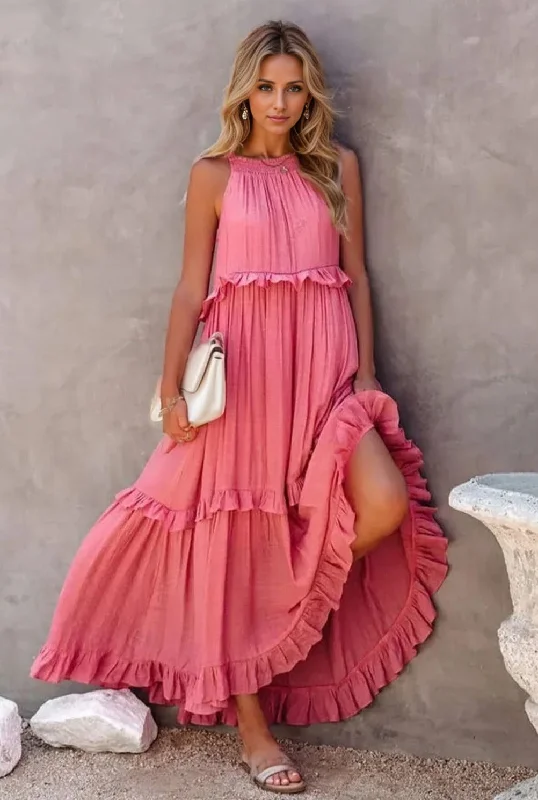 Ruffled Sleeveless Tiered Maxi Dress with Pockets