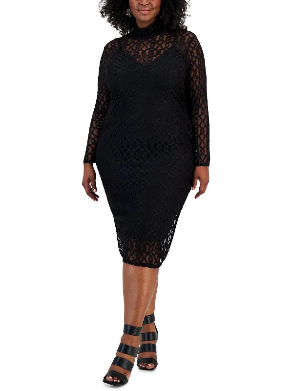 Plus Lydia Womens Mesh Midi Cocktail and Party Dress