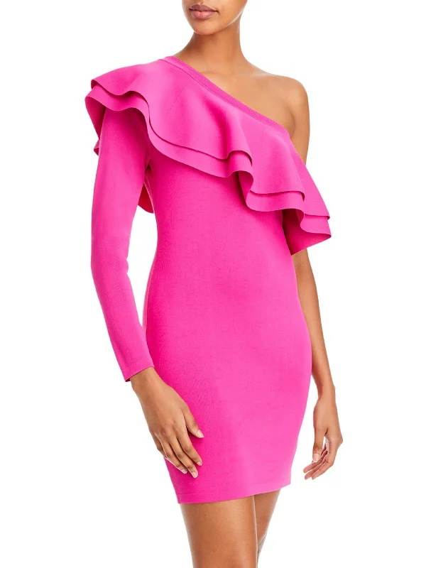 Womens Ruffled One Shoulder Cocktail and Party Dress