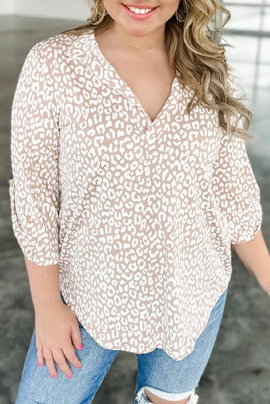 Leopard Tab Sleeve V Neck Plus Size Top