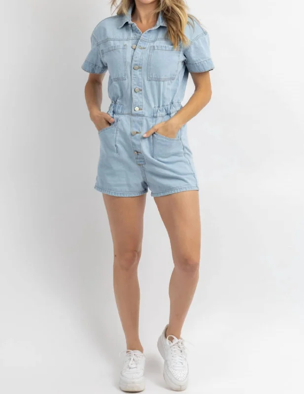 Button Front Romper In Washed Jean