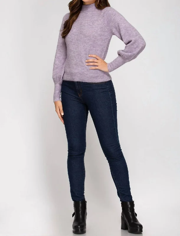 Mock Neck Turtleneck With Balloon Sleeve Sweater In Lavender