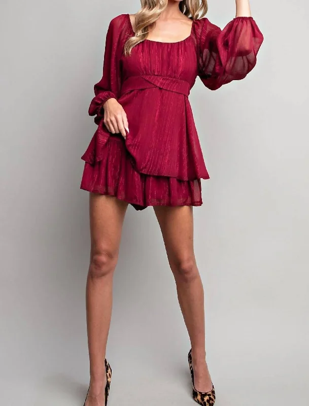 Women's Flare Bubble Sleeve Romper In Wine