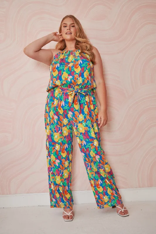 Yara Rainbow Floral Lighthearted Trapeze Jumpsuit Curve