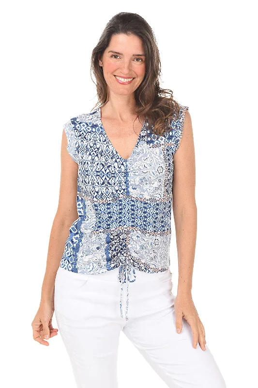 Patchwork Slub-Knit Ruched Sleeveless Top