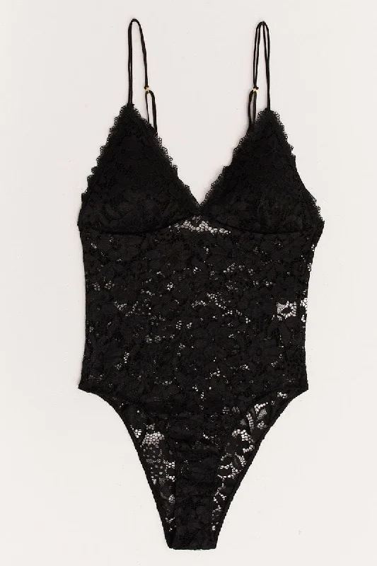 Black Floral Lace One Piece Teddy Bodysuit