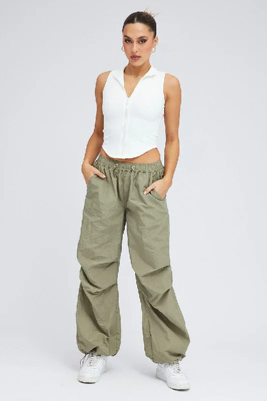 Green Parachute Cargo Pants Low Rise