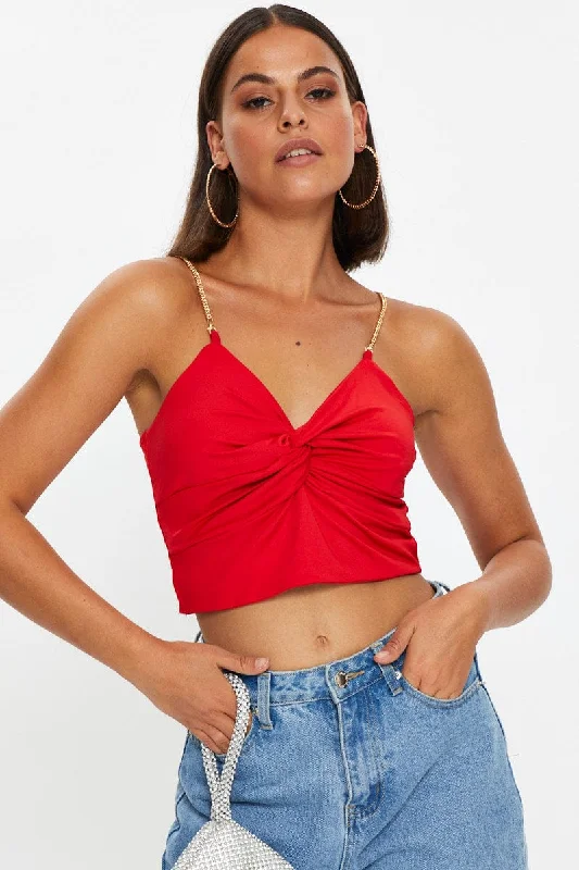 Red Chain Strap Slinky Jersey Knot Front Singlet Top