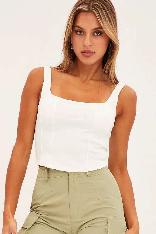 White Corset Tank Sleeveless Square Neck Crop Curved Hem