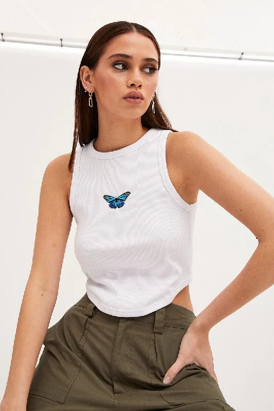 White Crop Tank Sleeveless Curved Hem Rib Butterfly