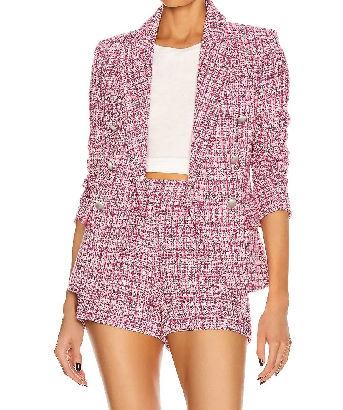 Kenzie Tweed Double-Breasted Blazer And Shorts Set In Pink