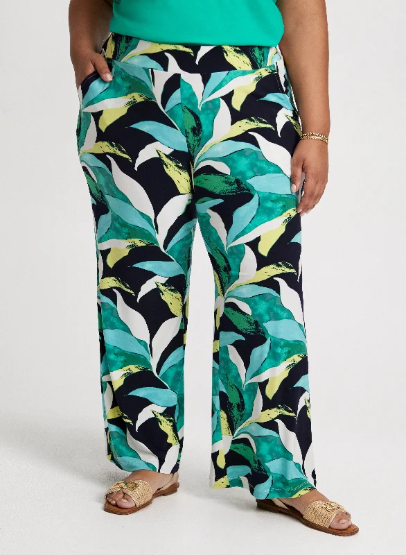 Leaf Print Wide-Leg Pants